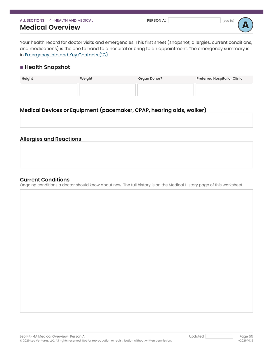 Person A's Medical Overview page with health snapshot, allergies, and current conditions, ready to hand to a hospital