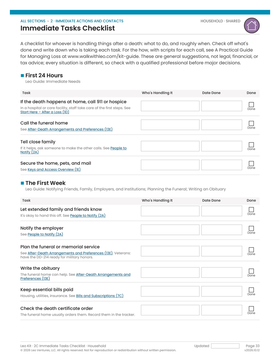 Immediate Tasks Checklist guiding a family through the first 24 hours and first week after a loss