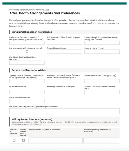 After-death arrangements worksheet