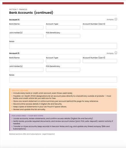 Bank accounts worksheet