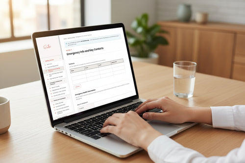 Emergency information and key contacts form on a white background with red accents.