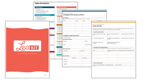 A Leo Kit emergency preparedness and security document set, featuring a coral-red cover with the 'Leo Kit' logo and several white interior pages showing forms for emergency contacts, health information, social security, and primary contacts.