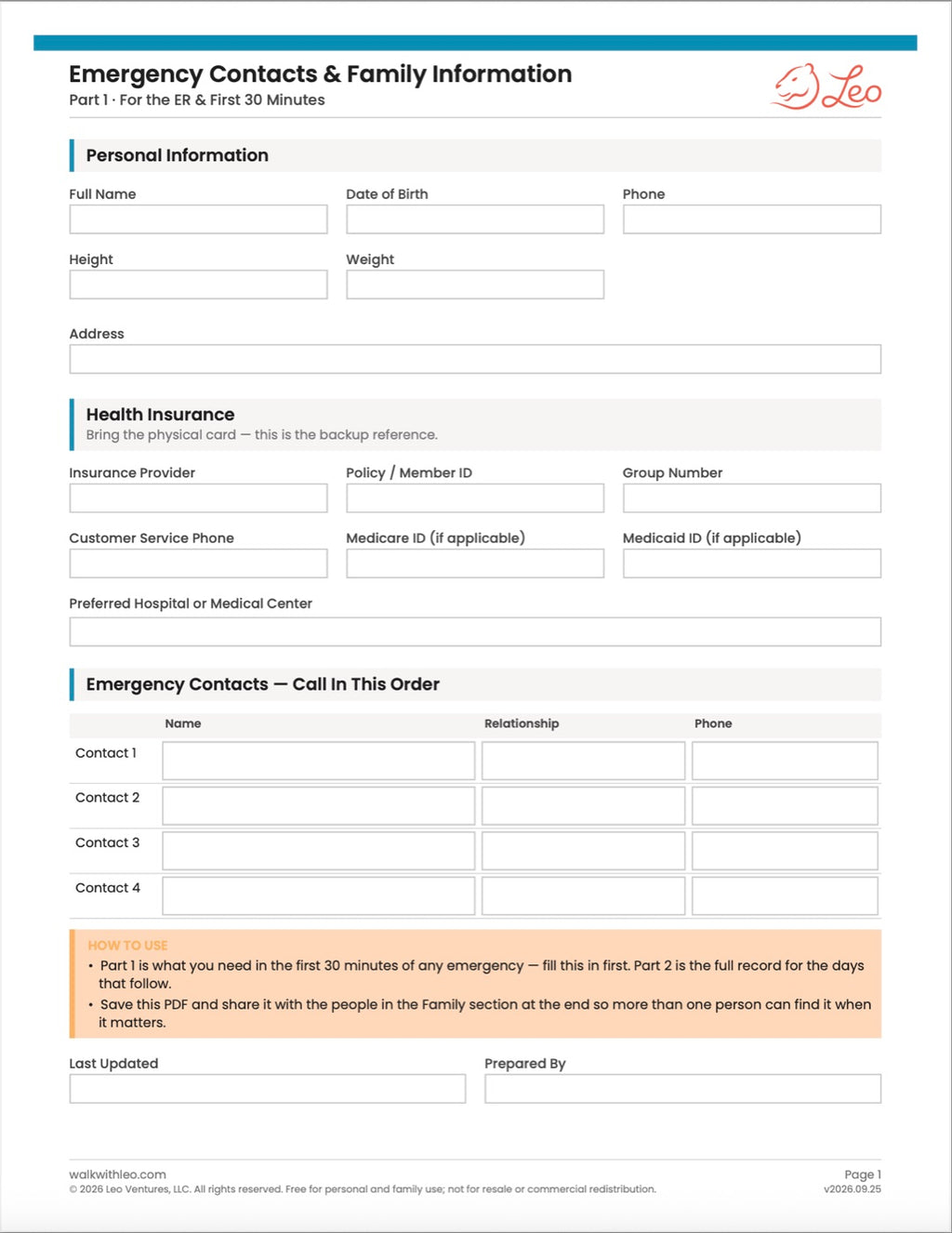 A digital preview of a fill-out family information and emergency contacts form template, titled 'Emergency Contacts & Family Information' with sections for personal details, health insurance, and emergency contacts, branded with 'Léo' at the top right.