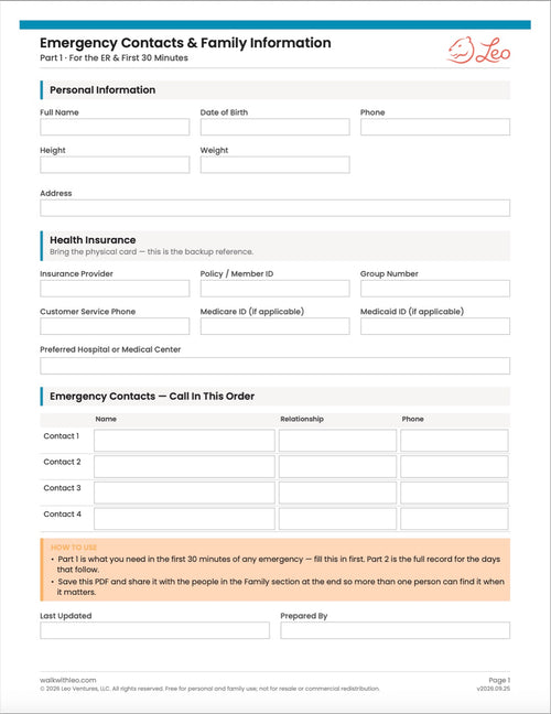 A digital preview of a fill-out family information and emergency contacts form template, titled 'Emergency Contacts & Family Information' with sections for personal details, health insurance, and emergency contacts, branded with 'Léo' at the top right.