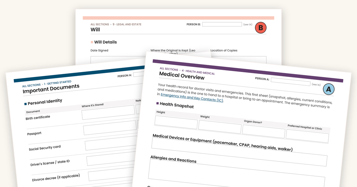 Three printed legal document templates for a will and estate plan are arranged on a white background. The sheets show form sections such as important documents, medical overview, health snapshot, and medical devices or equipment, with fields and headings in black, gray, blue, purple, and red.