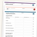 Three stacked digital document templates for pet adoption paperwork, showing sections for Medical Overview, Will, and Important Documents with fields for personal identity and documents.